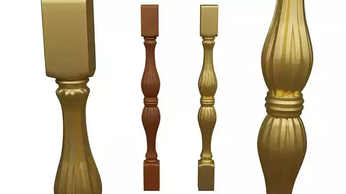 Baluster 3D model set of four golden stair railings