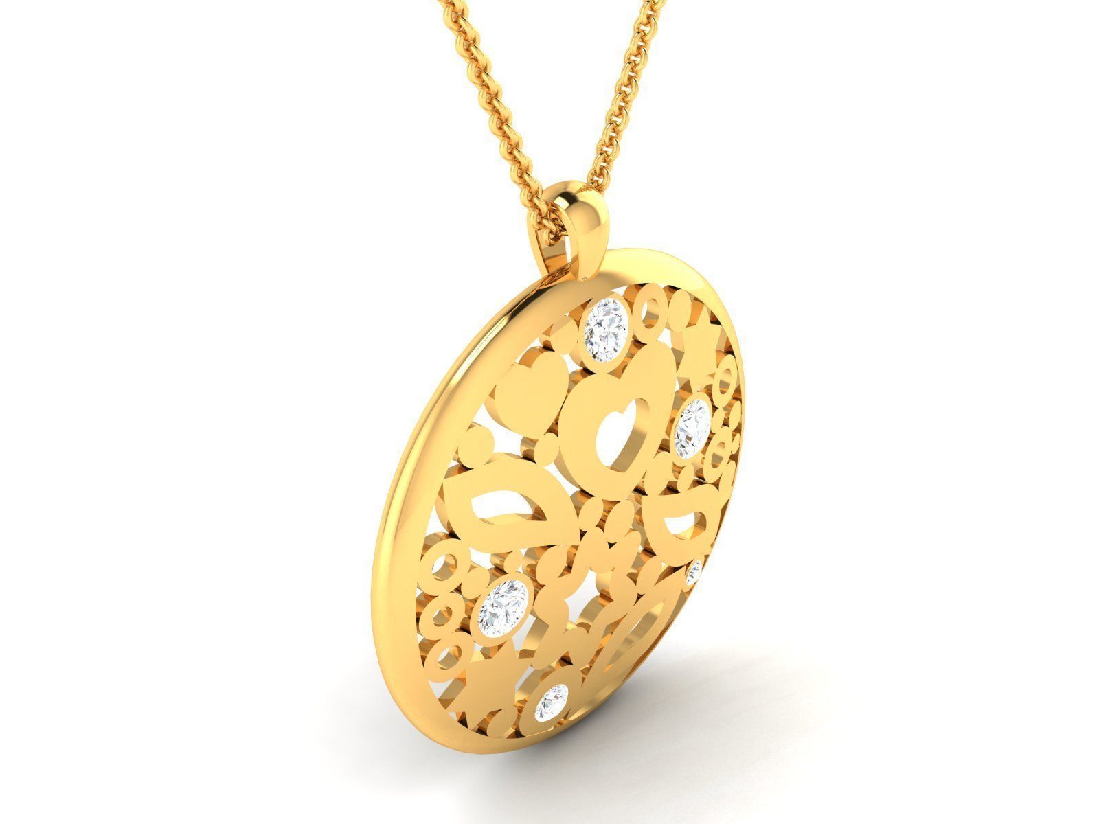 pendant-2170 gold pendant with diamonds and hearts 3D print model_1