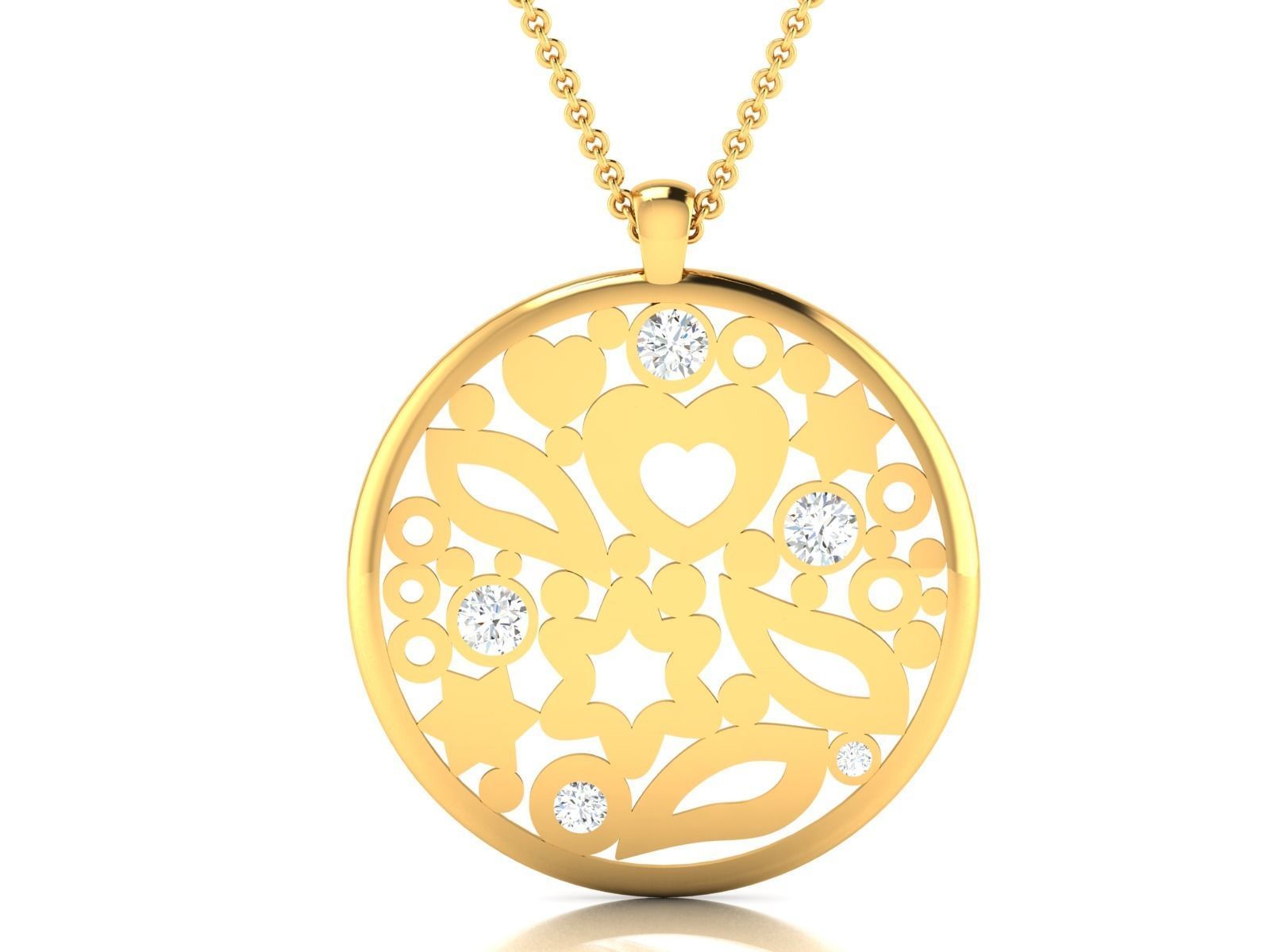 pendant-2170 gold pendant with diamonds and hearts 3D print model_3