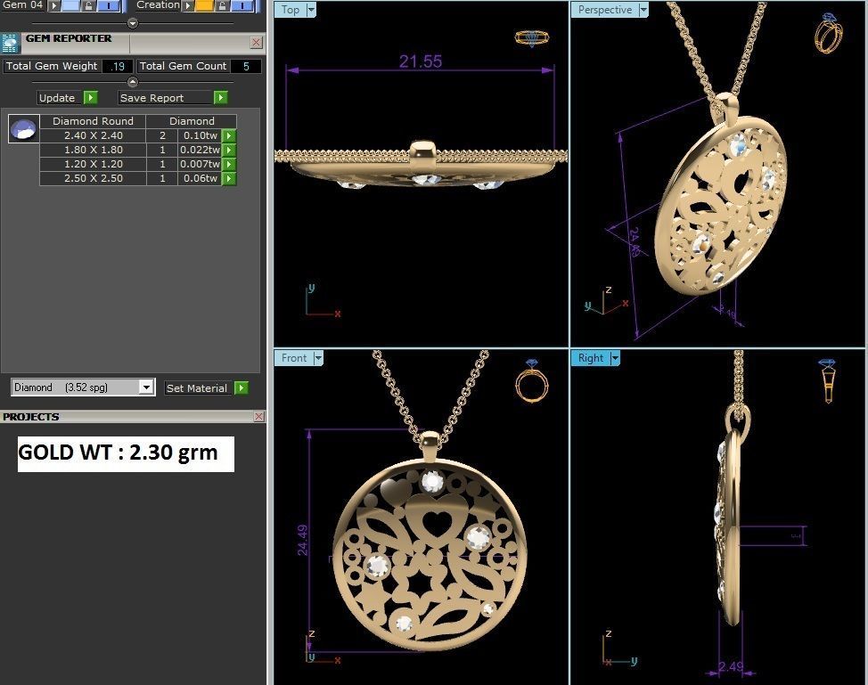 pendant-2170 gold pendant with diamonds and hearts 3D print model_6