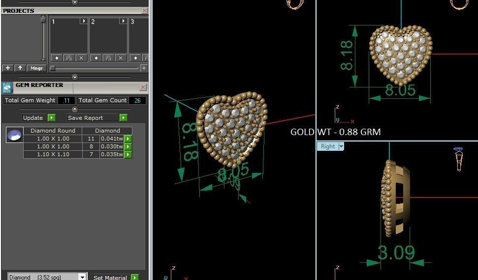 pendant-3766 heart shaped diamond stud earring gold 3D print model_6