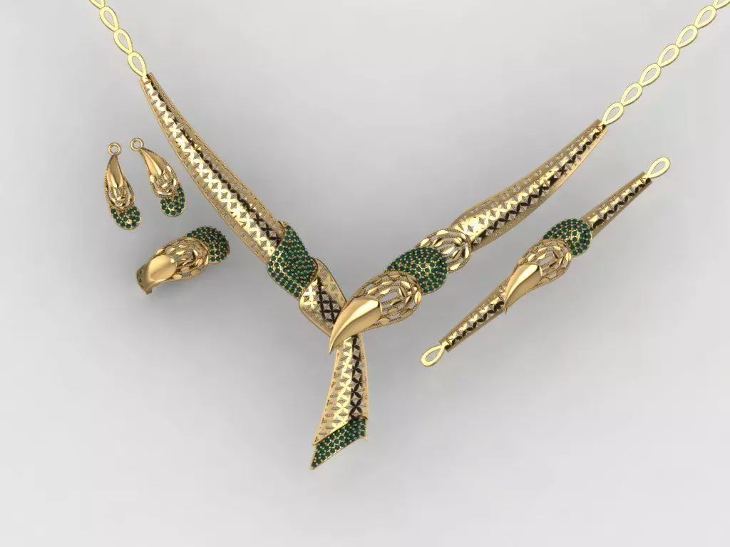 S02- Diamond necklace earring ring bracelet gold set 3D print model_0