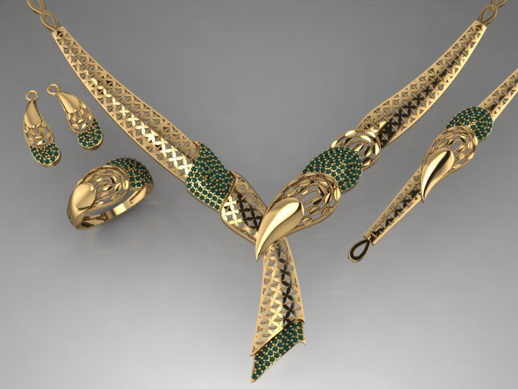 S02- Diamond necklace earring ring bracelet gold set 3D print model_1