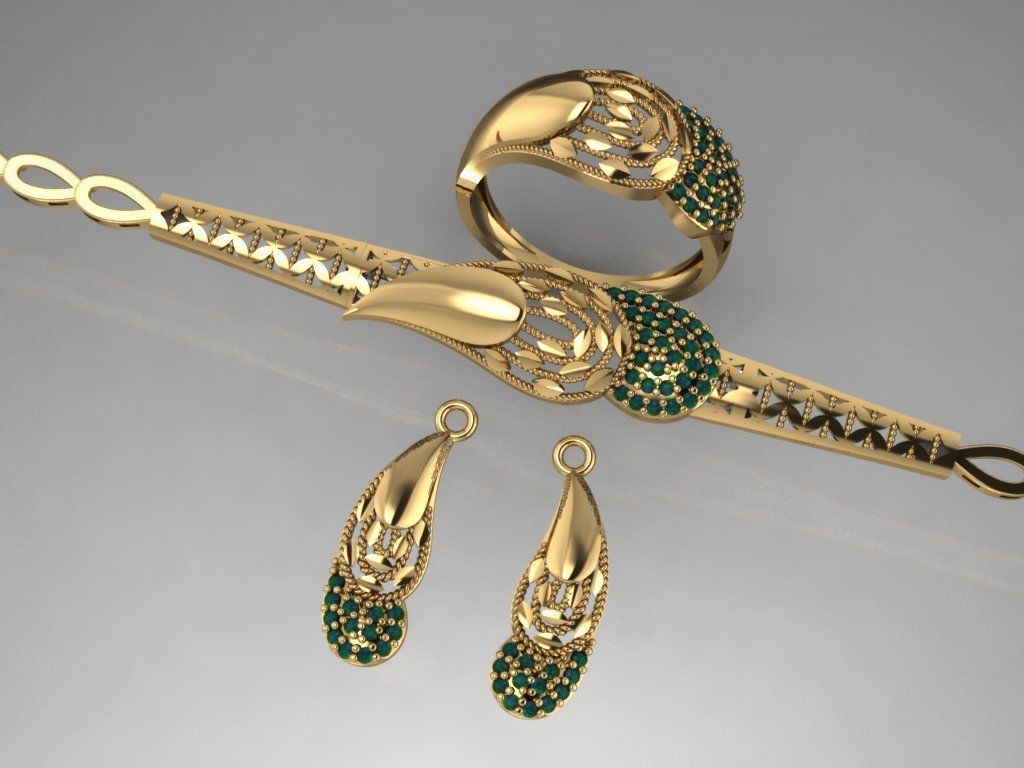 S02- Diamond necklace earring ring bracelet gold set 3D print model_4