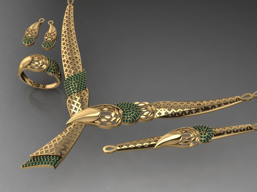 S02- Diamond necklace earring ring bracelet gold set 3D print model_2