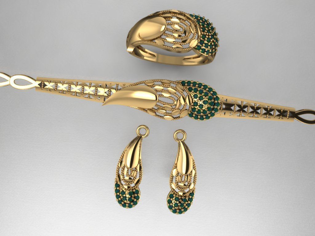 S02- Diamond necklace earring ring bracelet gold set 3D print model_5