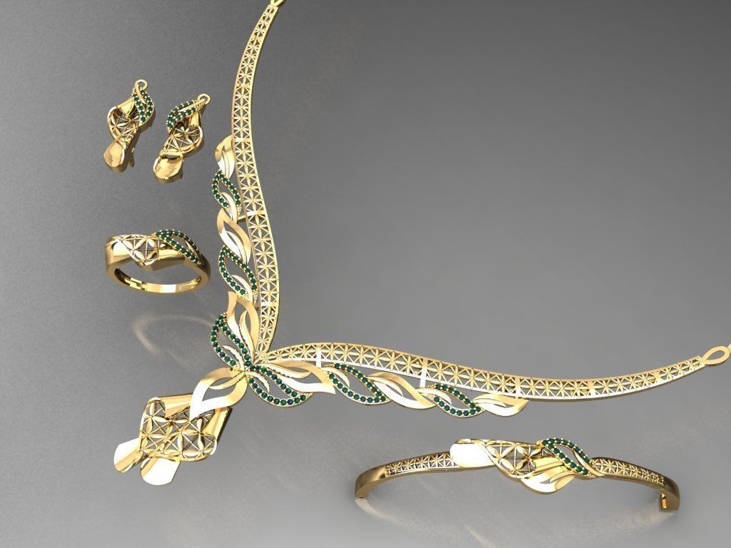S05- Diamond necklace earring ring bracelet gold set 3D print model_2