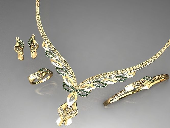 S05- Diamond necklace earring ring bracelet gold set 3D print model