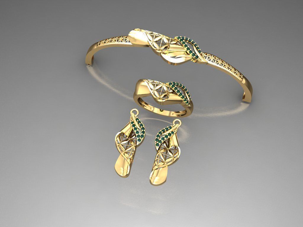 S05- Diamond necklace earring ring bracelet gold set 3D print model_4