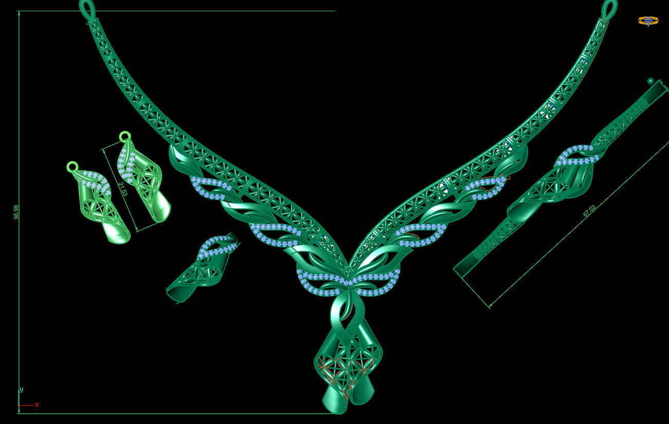 S05- Diamond necklace earring ring bracelet gold set 3D print model_3