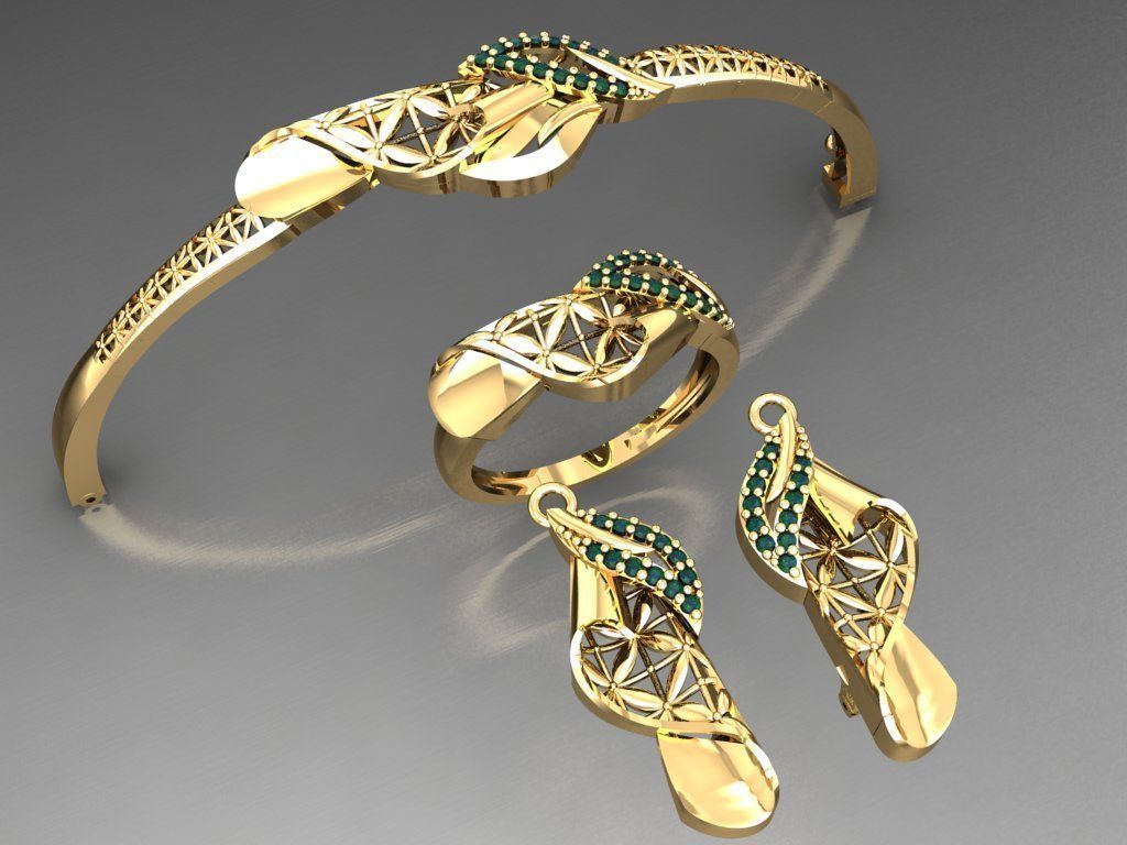 S05- Diamond necklace earring ring bracelet gold set 3D print model_5