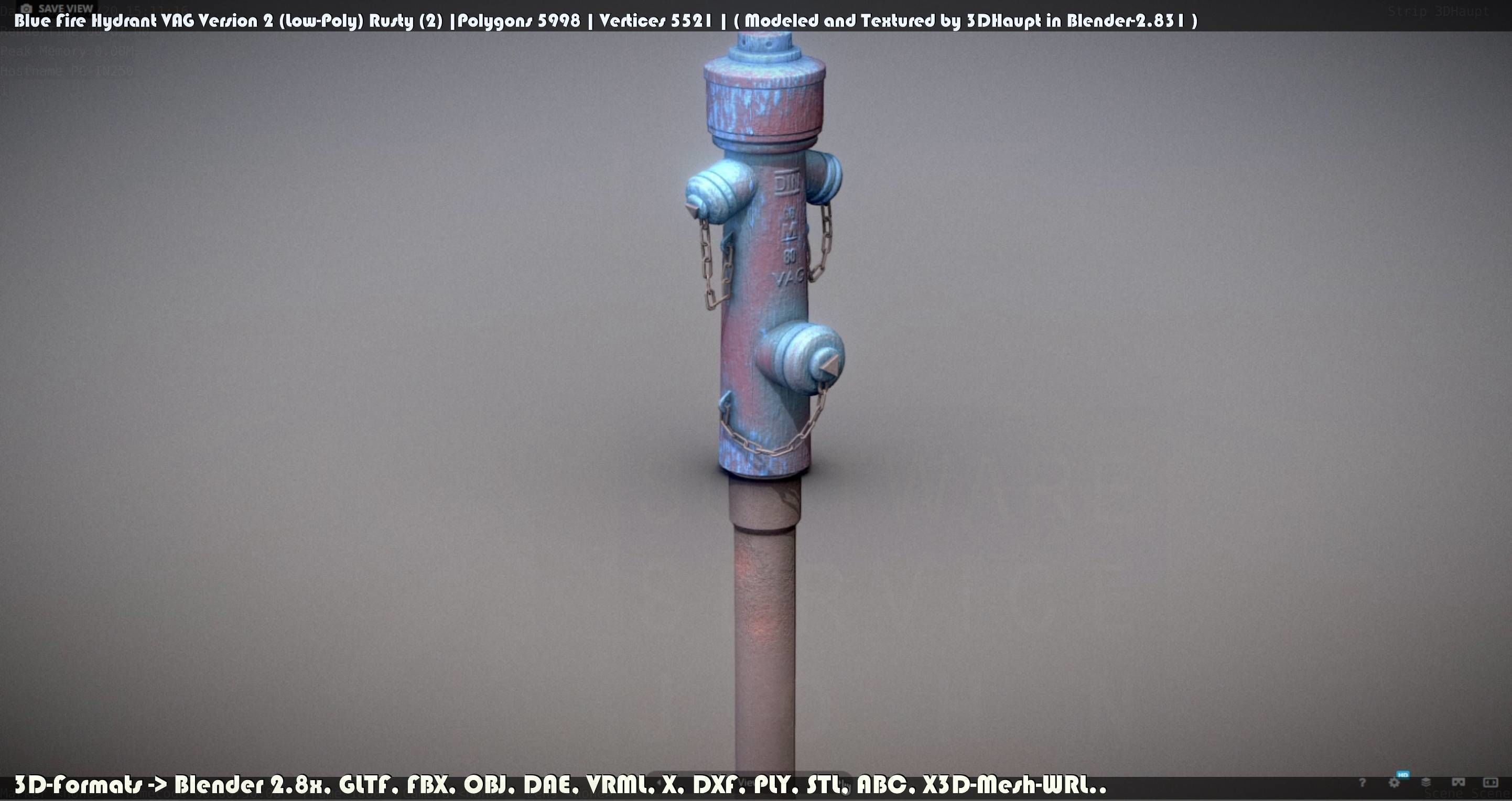 Blue Fire Hydrant VAG - Version 2 - Rusty 2 Low-poly 3D model_26