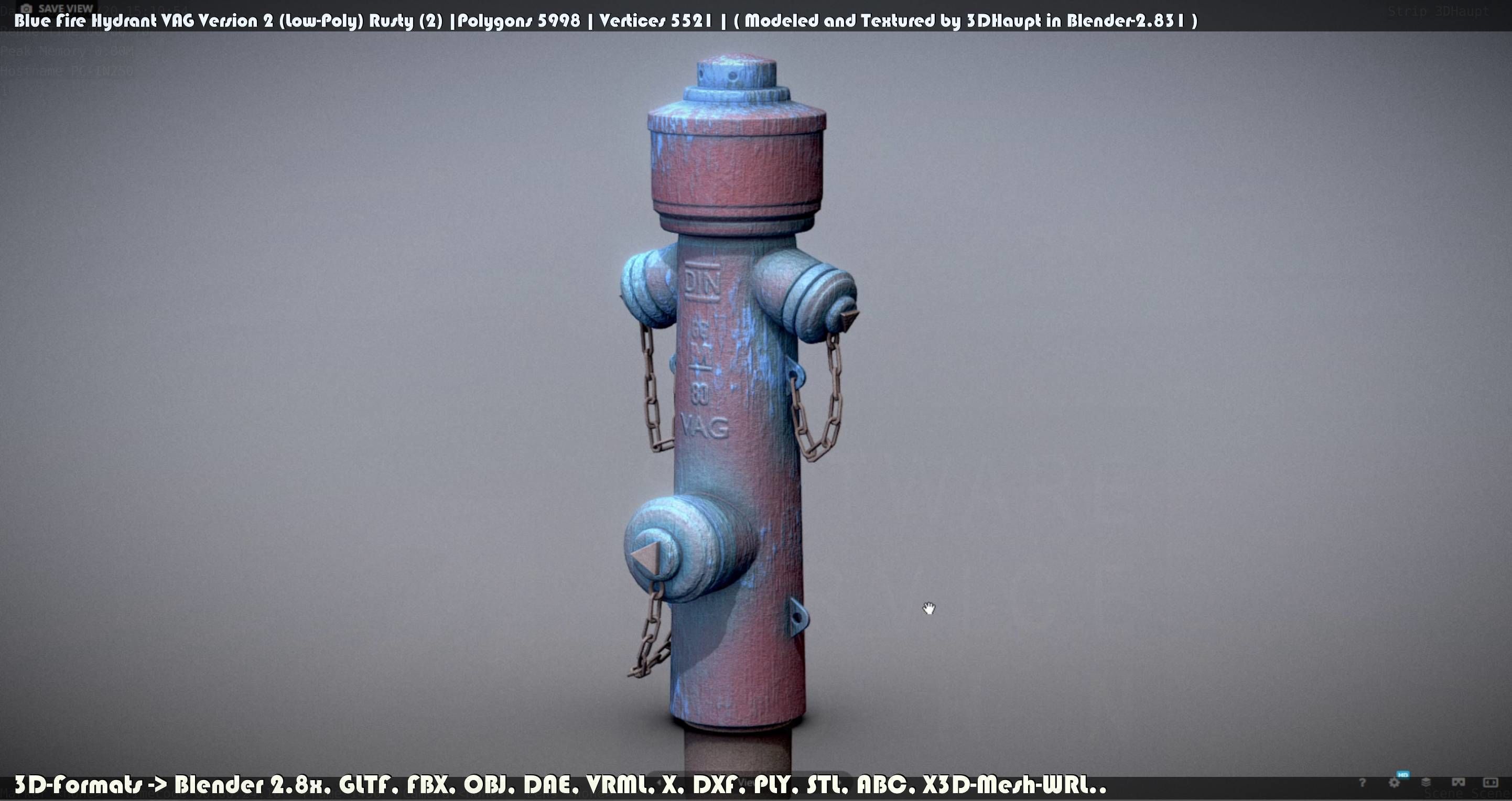 Blue Fire Hydrant VAG - Version 2 - Rusty 2 Low-poly 3D model_14