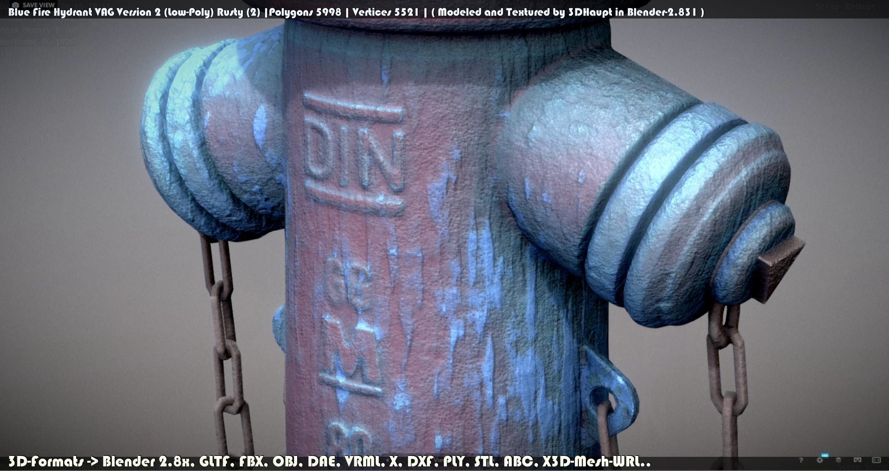 Blue Fire Hydrant VAG - Version 2 - Rusty 2 Low-poly 3D model_12