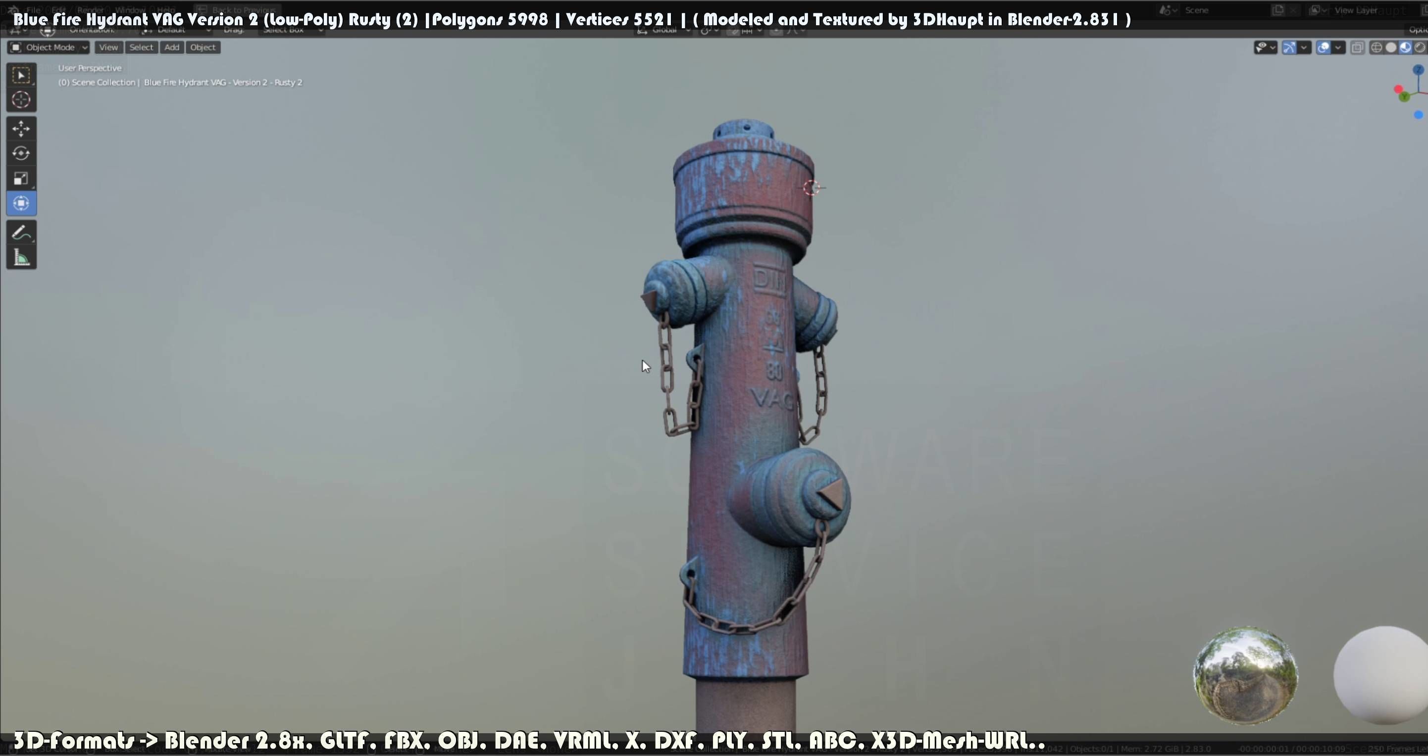 Blue Fire Hydrant VAG - Version 2 - Rusty 2 Low-poly 3D model_10