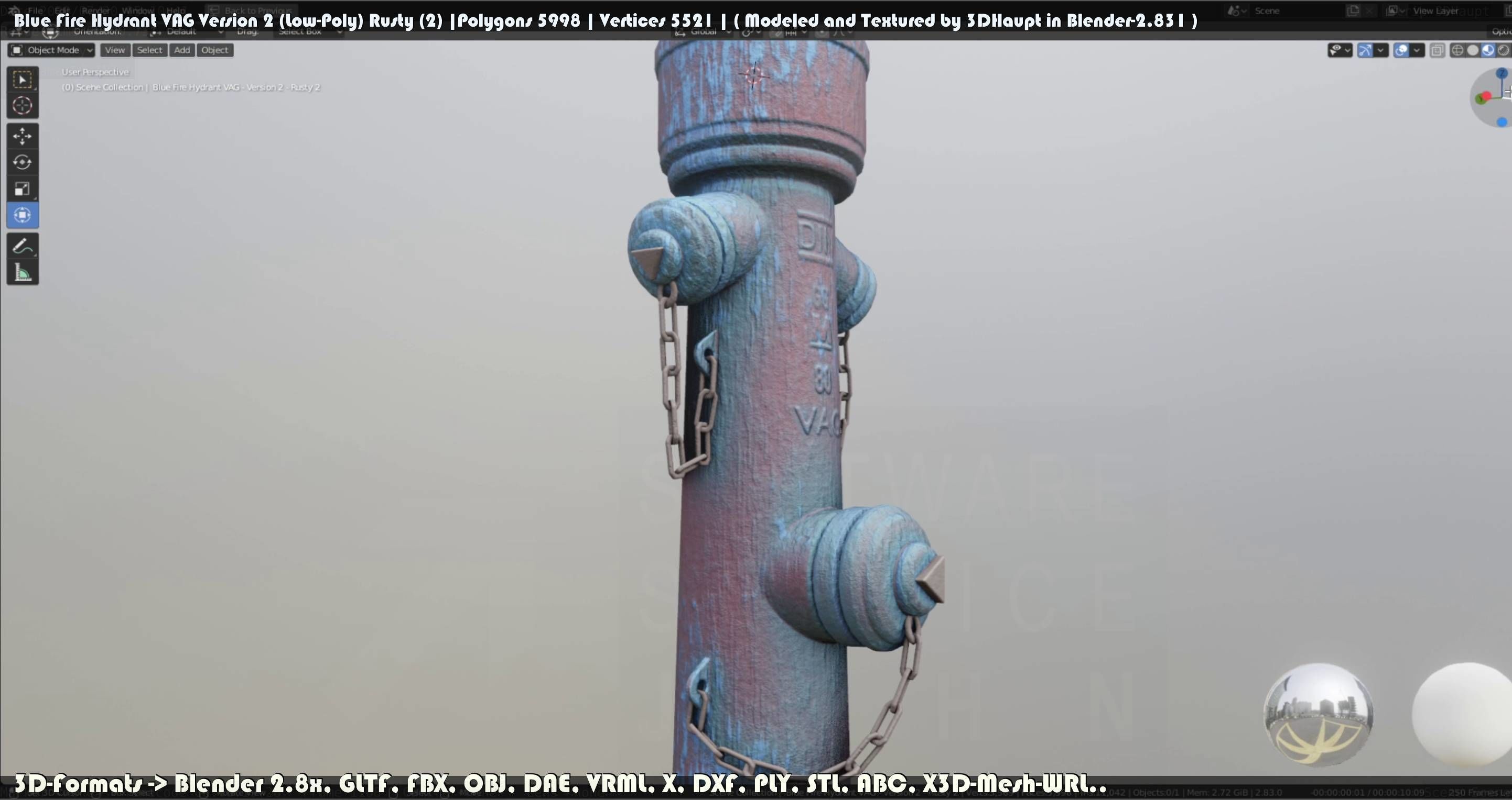 Blue Fire Hydrant VAG - Version 2 - Rusty 2 Low-poly 3D model_119