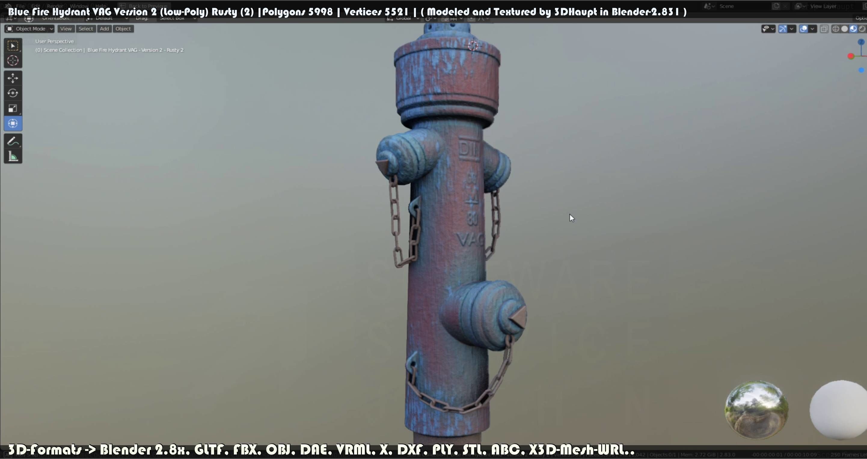 Blue Fire Hydrant VAG - Version 2 - Rusty 2 Low-poly 3D model_130