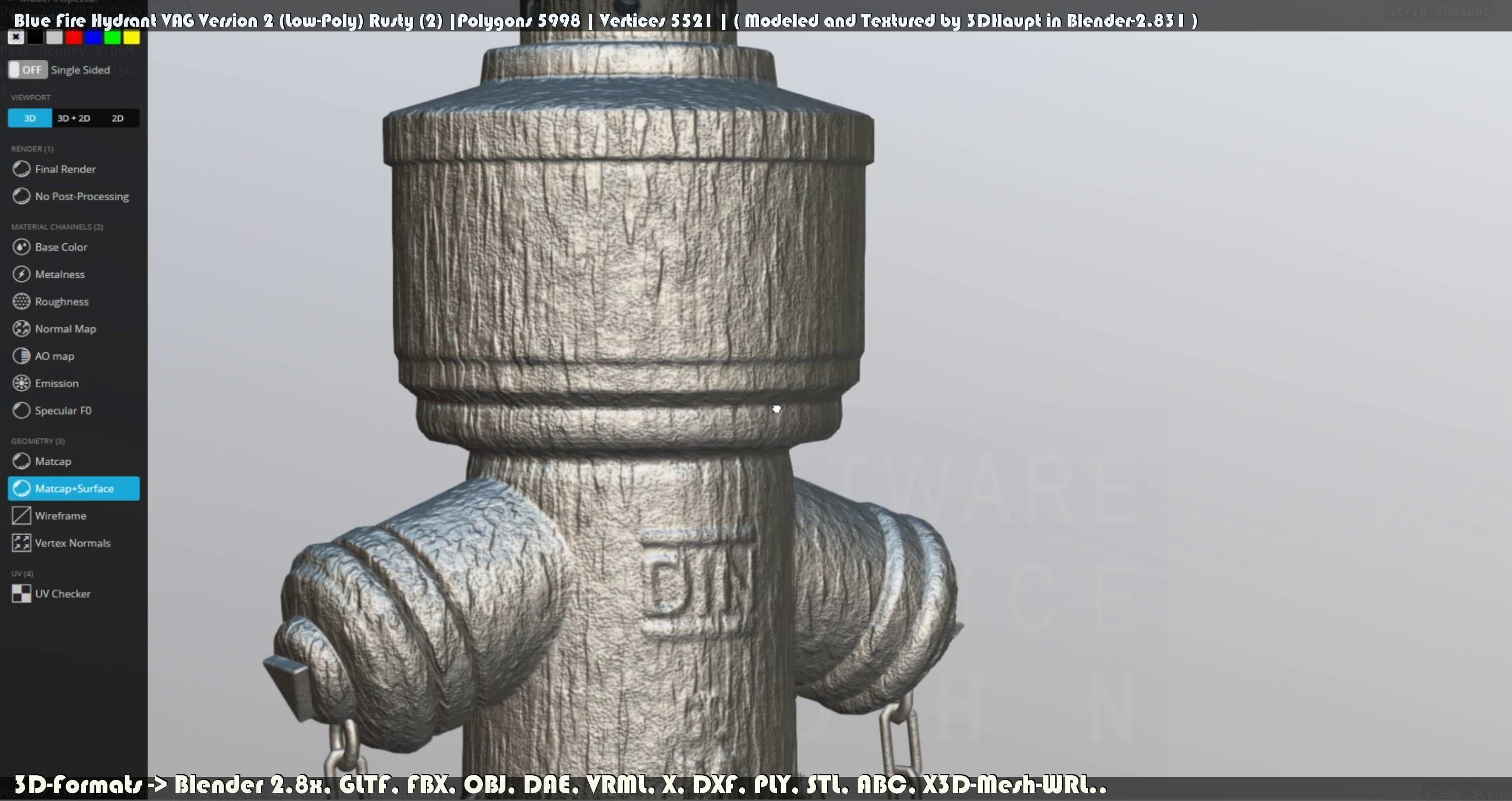 Blue Fire Hydrant VAG - Version 2 - Rusty 2 Low-poly 3D model_37