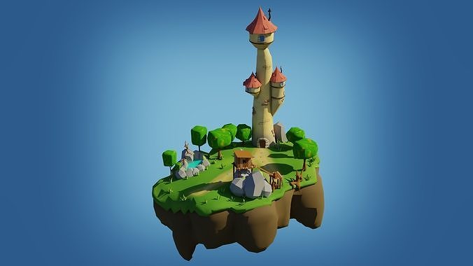 Low-poly Fantasy Castle on a Floating Island  Low-poly 3D model