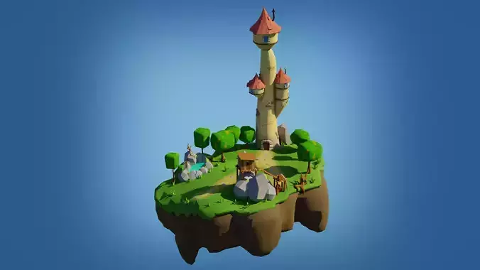 Low-poly Fantasy Castle on a Floating Island  Low-poly 3D model