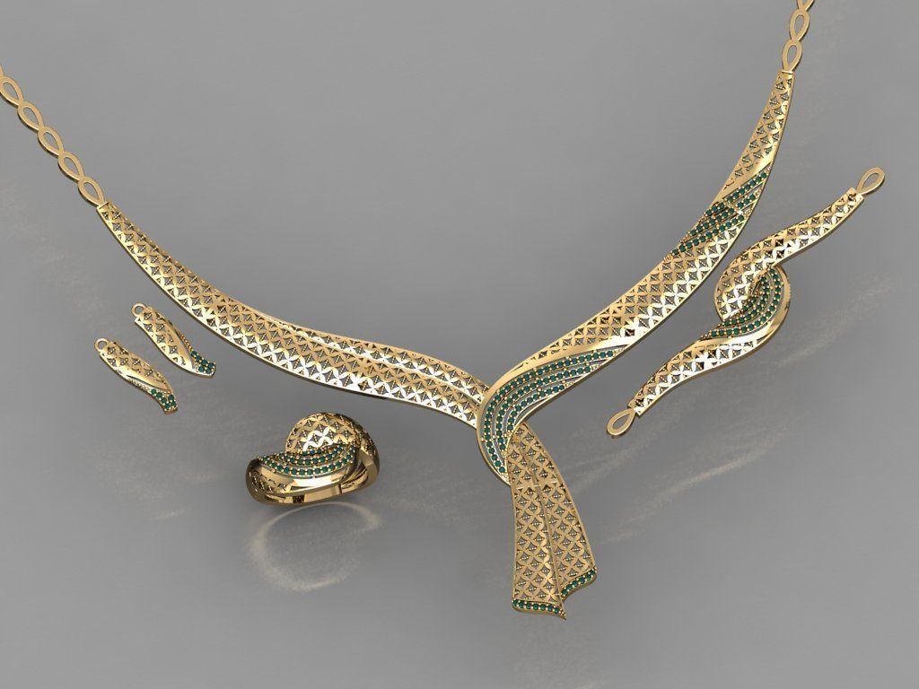 S09- Diamond necklace earring ring bracelet gold set 3D print model_1
