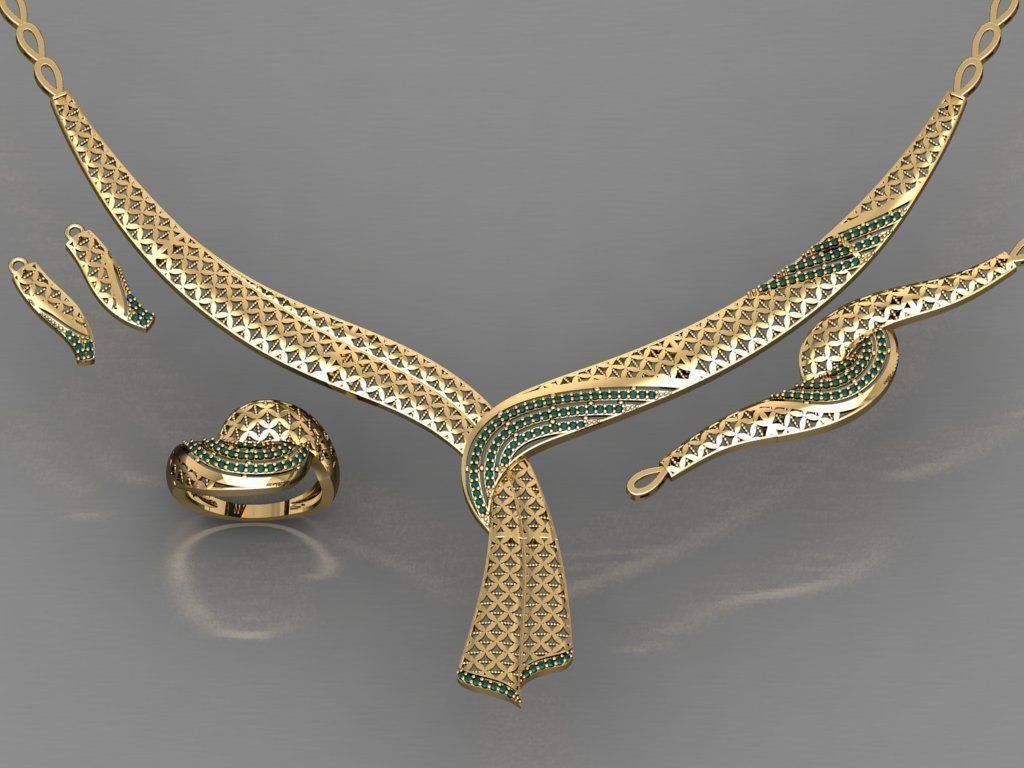 S09- Diamond necklace earring ring bracelet gold set 3D print model_2