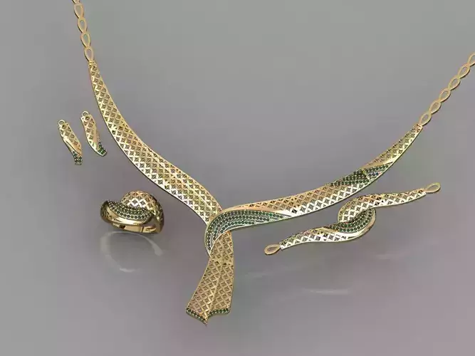 S09- Diamond necklace earring ring bracelet gold set 