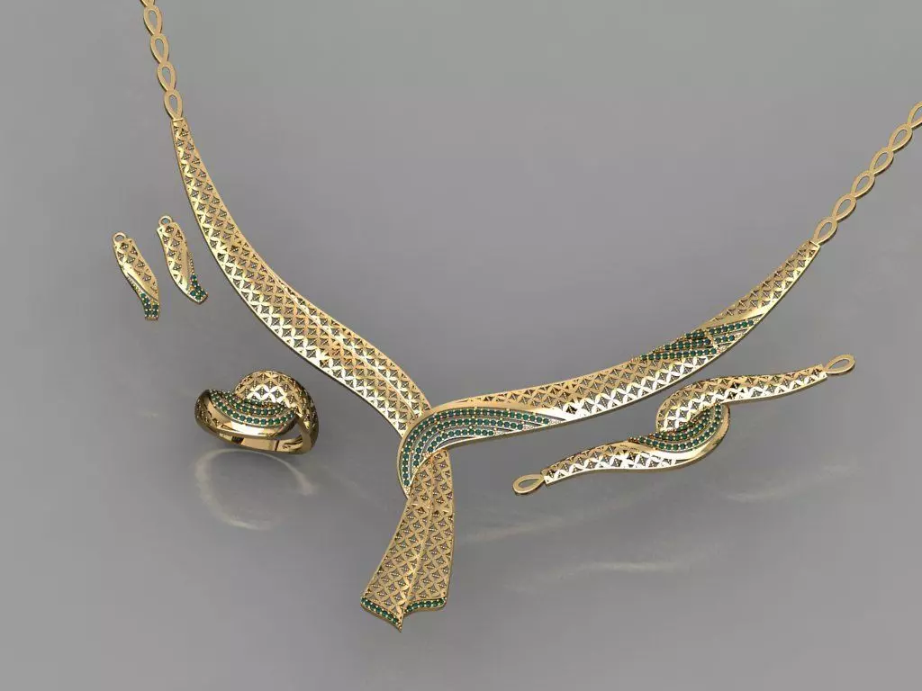 S09- Diamond necklace earring ring bracelet gold set 3D print model_0