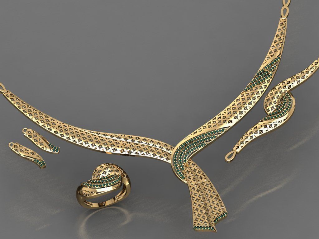 S09- Diamond necklace earring ring bracelet gold set 3D print model_3