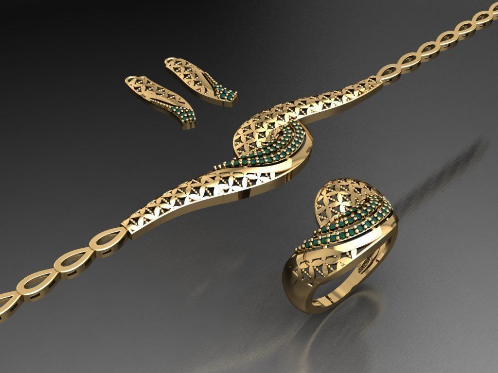 S09- Diamond necklace earring ring bracelet gold set 3D print model_7