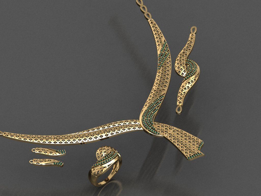 S09- Diamond necklace earring ring bracelet gold set 3D print model_4