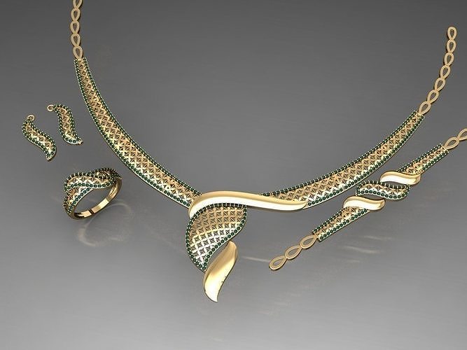 S10- Diamond necklace earring ring bracelet gold set  3D print model