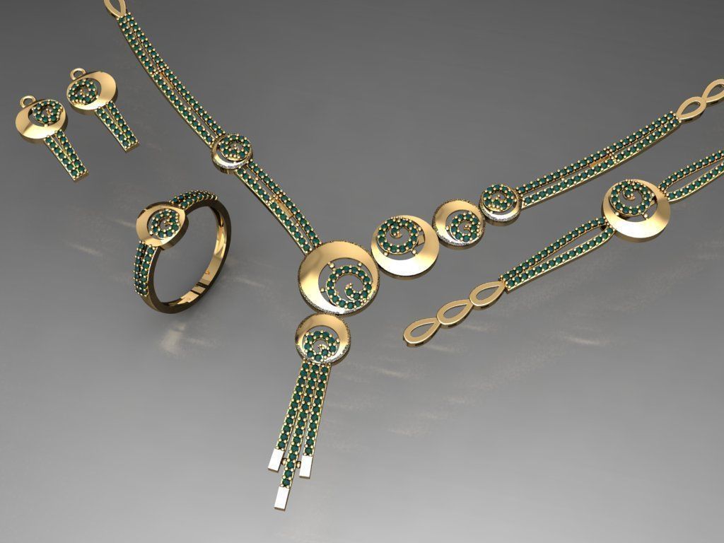 S11- Diamond necklace earring ring bracelet gold set 3D print model_4