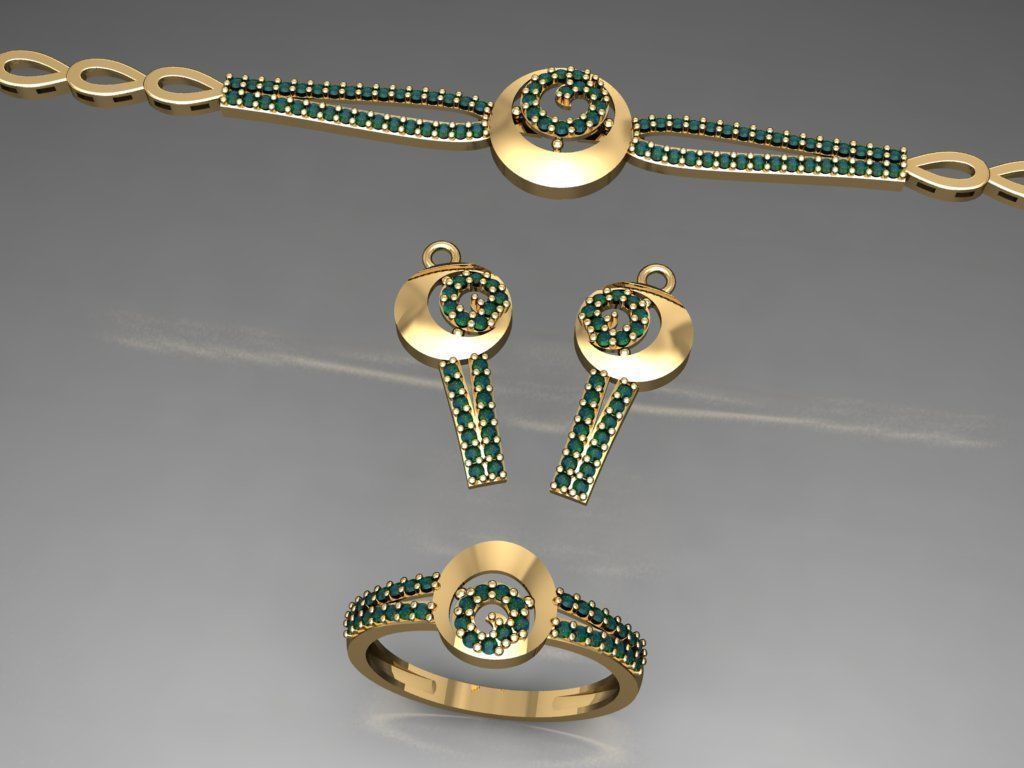 S11- Diamond necklace earring ring bracelet gold set 3D print model_6