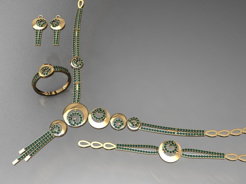 S11- Diamond necklace earring ring bracelet gold set 3D print model_3