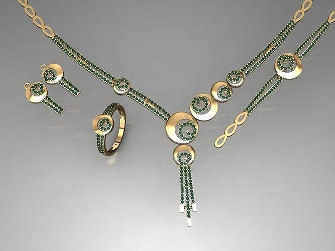 S11- Diamond necklace earring ring bracelet gold set  3D print model
