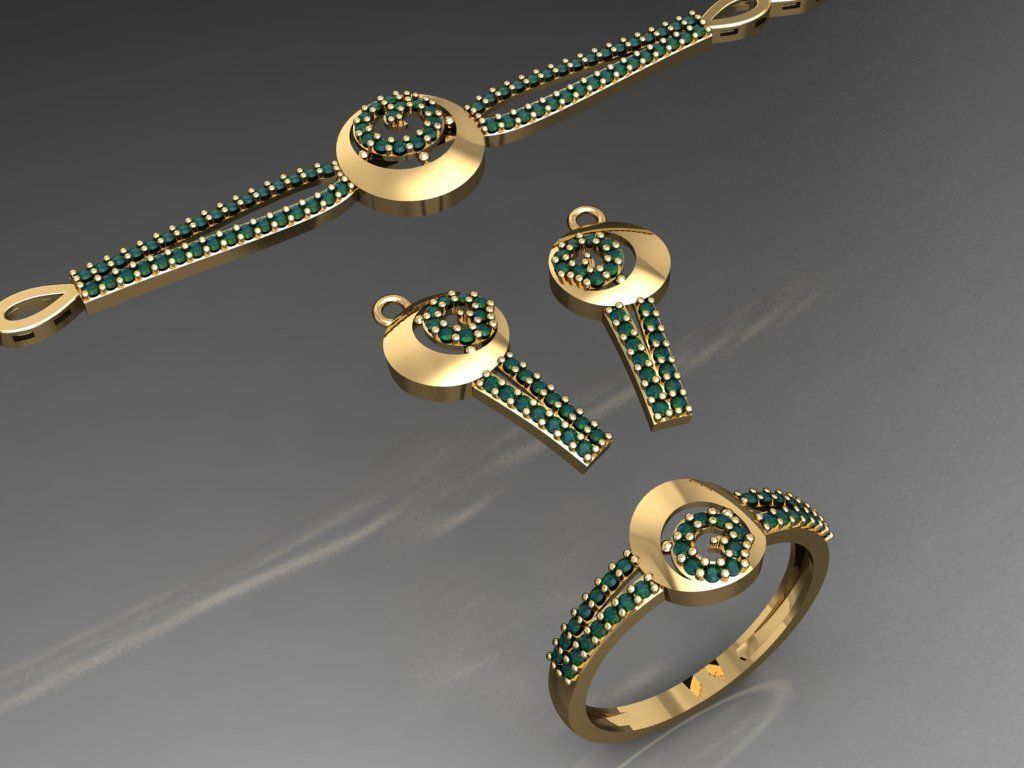 S11- Diamond necklace earring ring bracelet gold set 3D print model_1