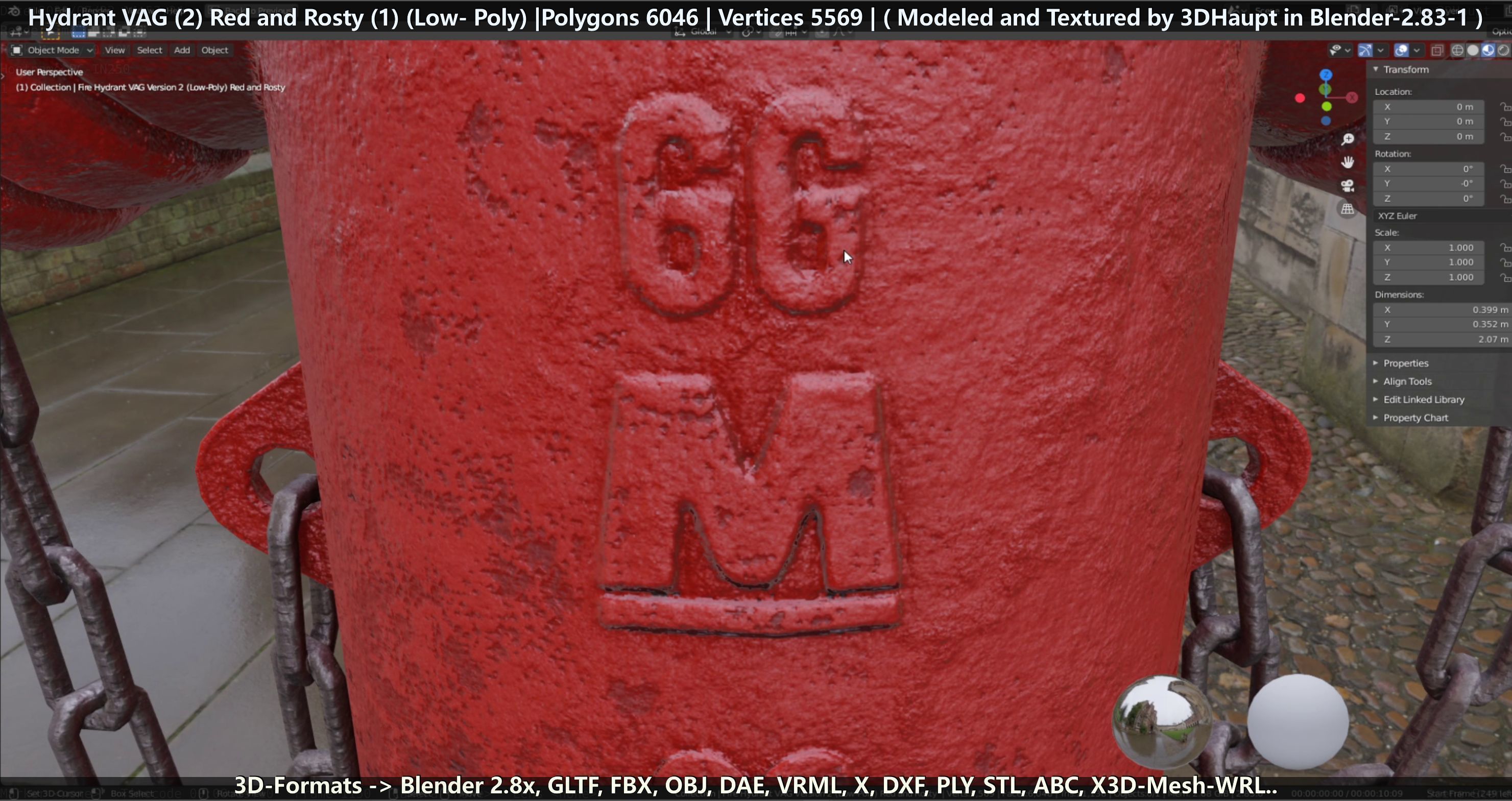 Fire Hydrant VAG 2 - Red and Rosty 1 - Low-poly 3D model_28