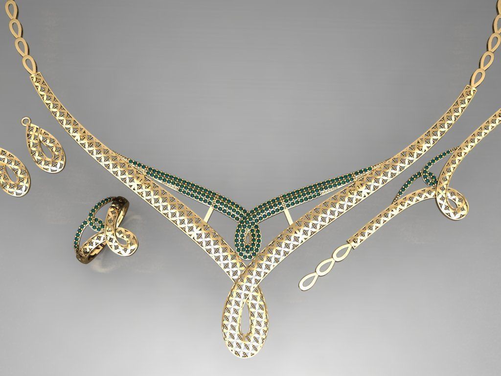 S12- Diamond necklace earring ring bracelet gold set  3D print model_2