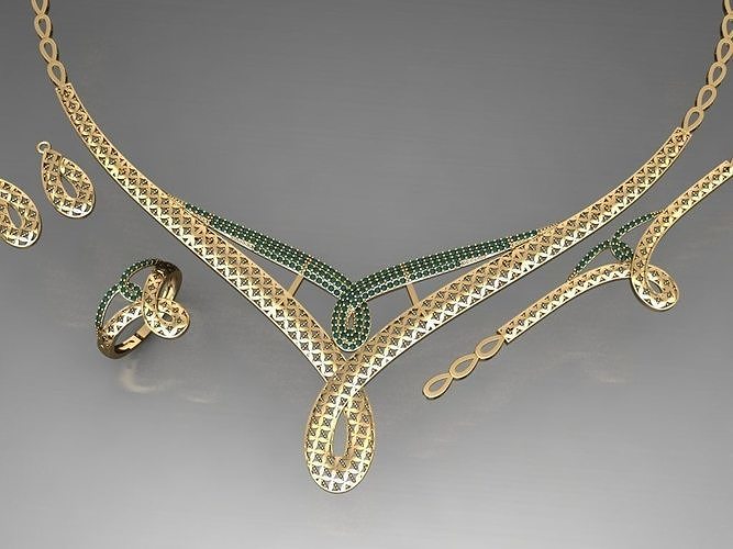 S12- Diamond necklace earring ring bracelet gold set  3D print model