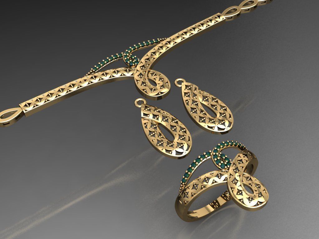 S12- Diamond necklace earring ring bracelet gold set  3D print model_7