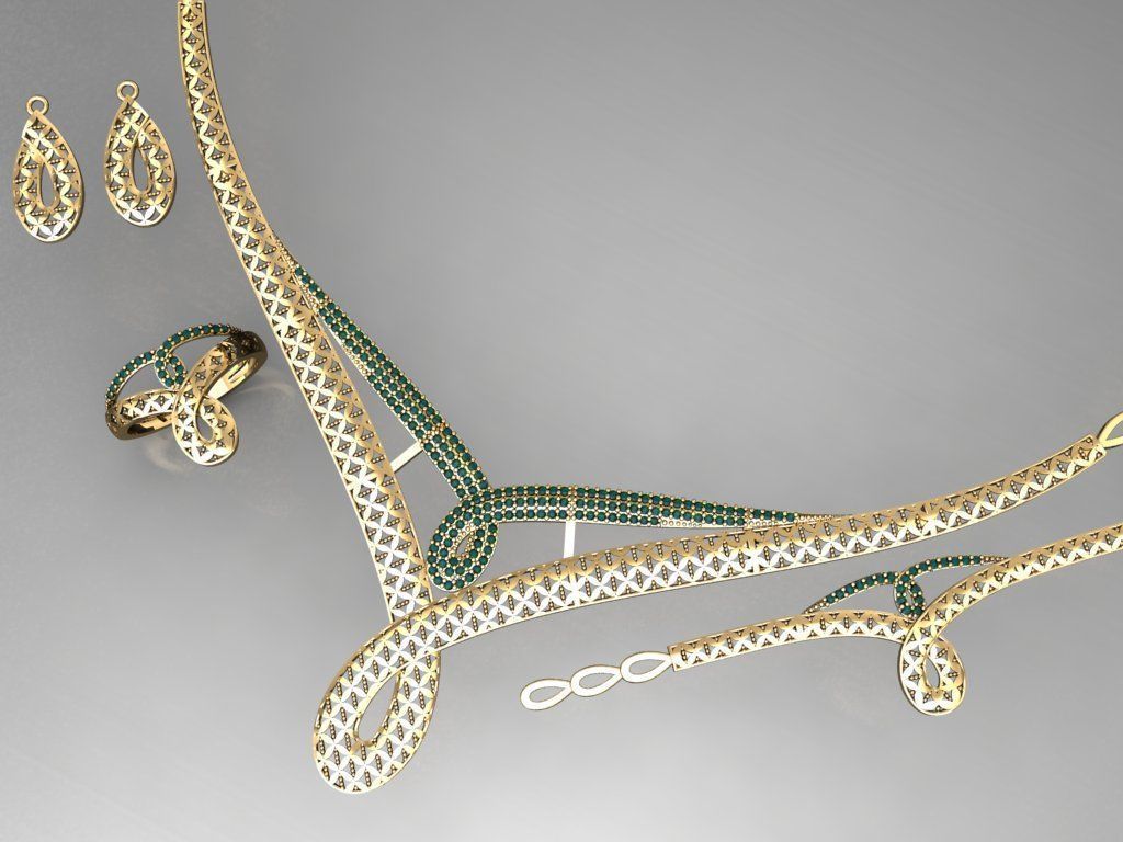 S12- Diamond necklace earring ring bracelet gold set  3D print model_3