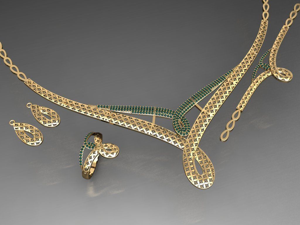 S12- Diamond necklace earring ring bracelet gold set  3D print model_1