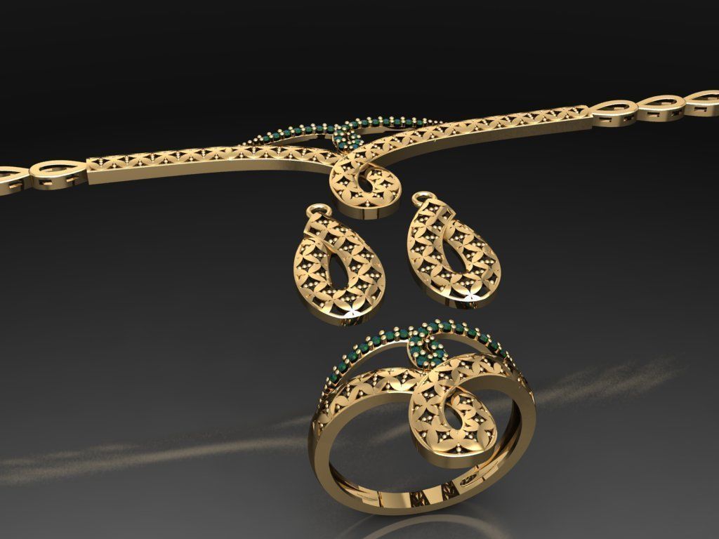 S12- Diamond necklace earring ring bracelet gold set  3D print model_6