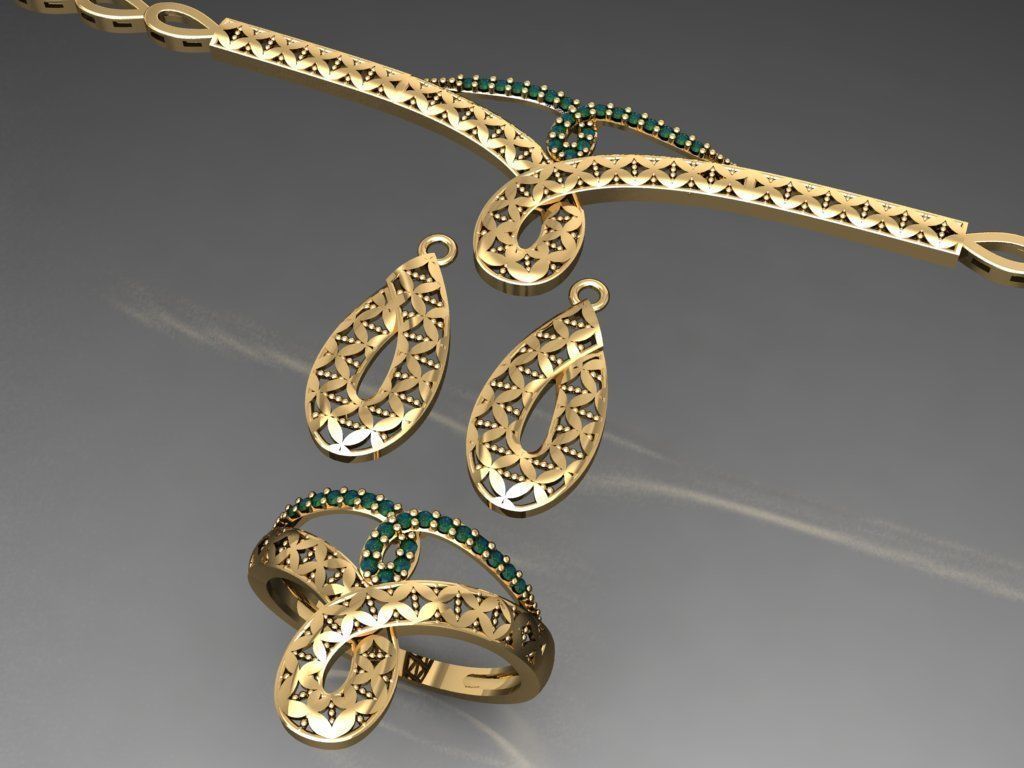 S12- Diamond necklace earring ring bracelet gold set  3D print model_5