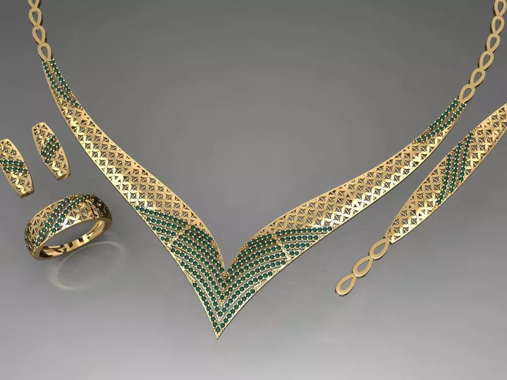 S14- Diamond necklace earring ring bracelet gold set 3D print model