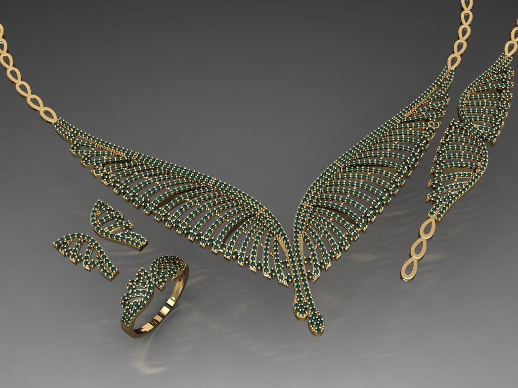 S15- Diamond necklace earring ring bracelet gold set  3D print model_1