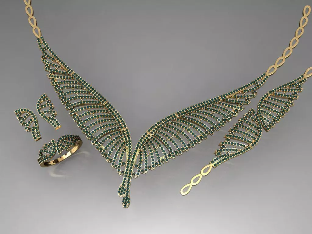 S15- Diamond necklace earring ring bracelet gold set  3D print model_0