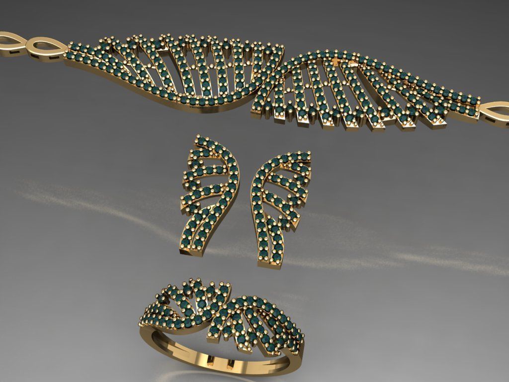 S15- Diamond necklace earring ring bracelet gold set  3D print model_4