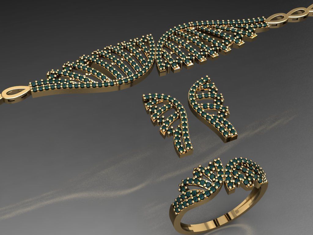 S15- Diamond necklace earring ring bracelet gold set  3D print model_5